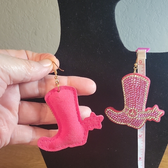 Pink Sequin Cowboy Boot Earrings with Gold Trim - Picture 2 of 3